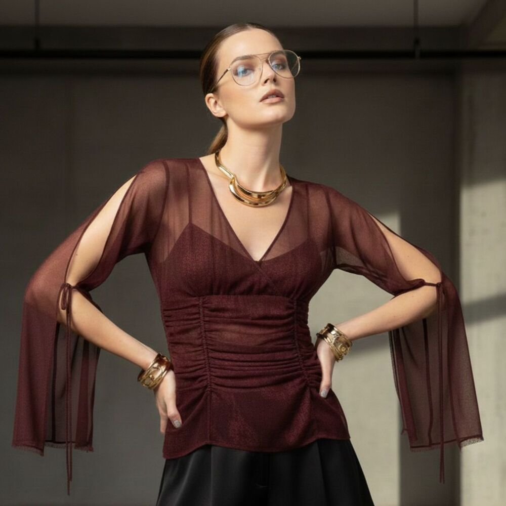 Elie Tahari Burgundy Silk Top Ruched Sheer Sleeves S Whimsigoth Cocktail Vampi